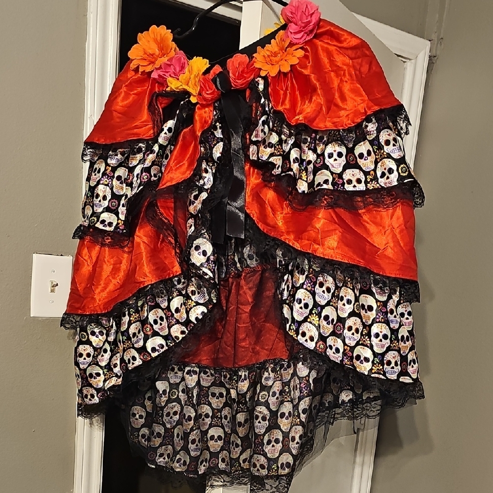 Colorful Skull Print Skirt with Floral Accents Halloween Costume